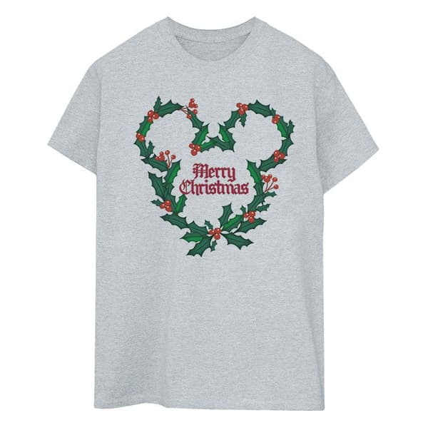 Disney Mens Mickey Mouse Merry Christmas Holly T-Shirt