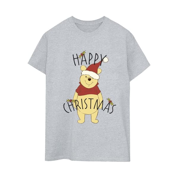 Disney Womens/Ladies Winnie The Pooh Happy Christmas Holly Cotton Boyfriend T-Shirt