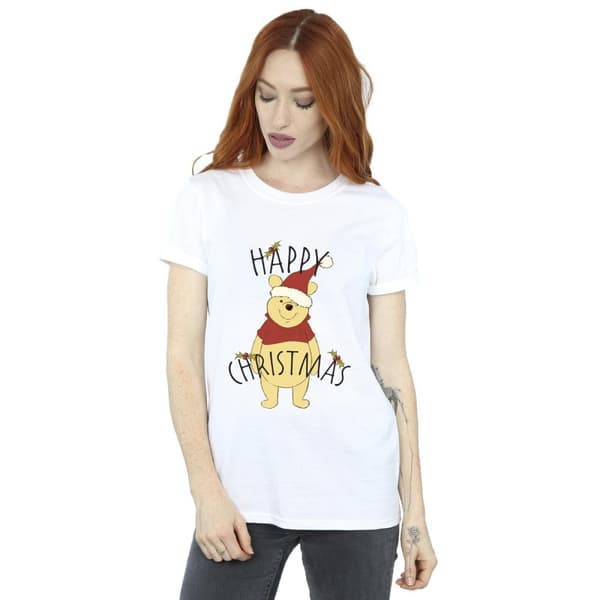 Disney Womens/Ladies Winnie The Pooh Happy Christmas Holly Cotton Boyfriend T-Shirt