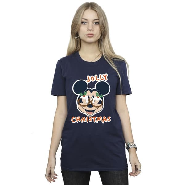 Disney Dam/Tjej Musse Pigg Jolly Christmas Glasögon Boyfriend T-shirt i bomull