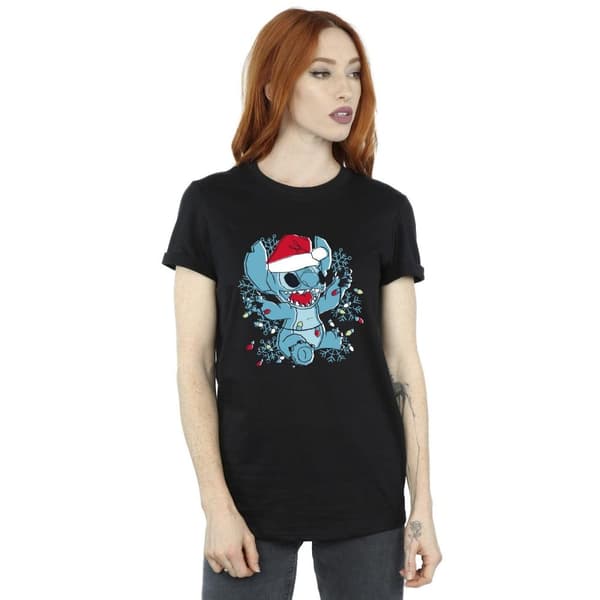 Disney Womens/Ladies Lilo And Stitch Christmas Lights Sketch Cotton Boyfriend T-Shirt
