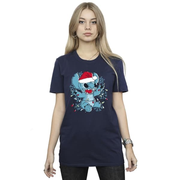 Disney Womens/Ladies Lilo And Stitch Christmas Lights Sketch Cotton Boyfriend T-Shirt