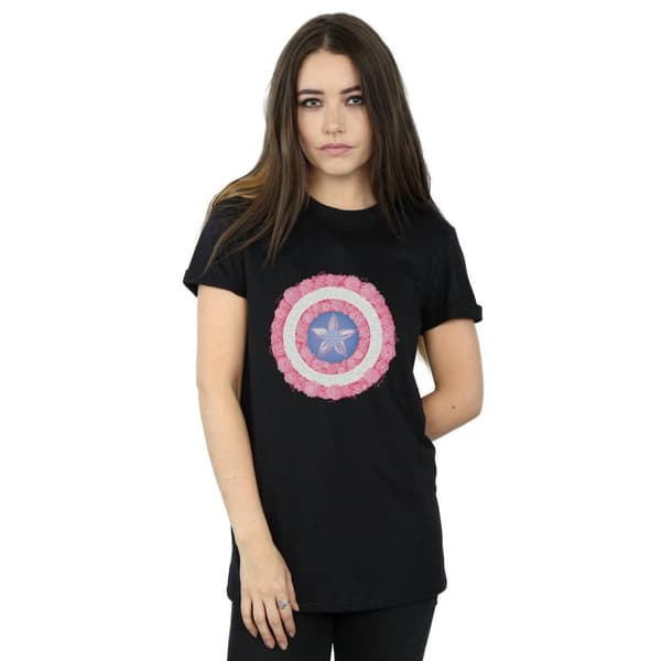 Marvel Womens/Ladies Captain America Flowers Shield Cotton Boyfriend T-Shirt