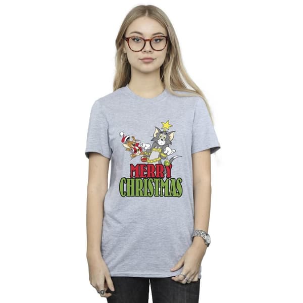 Tom And Jerry Womens/Ladies Merry Christmas Baubles Cotton Boyfriend T-Shirt