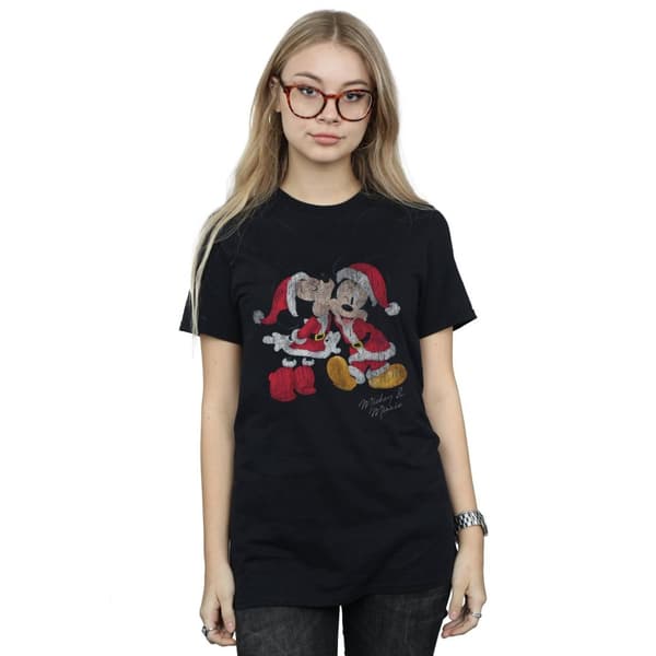 Disney Womens/Ladies Mickey And Minnie Christmas Kiss Cotton Boyfriend T-Shirt