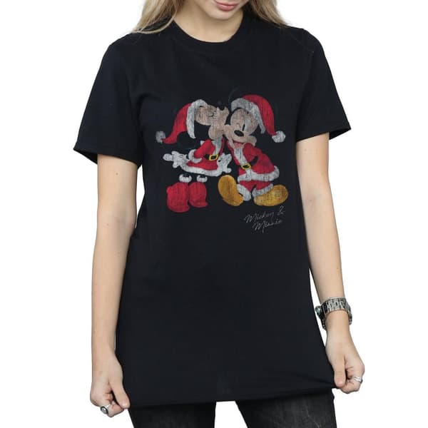 Disney Womens/Ladies Mickey And Minnie Christmas Kiss Cotton Boyfriend T-Shirt