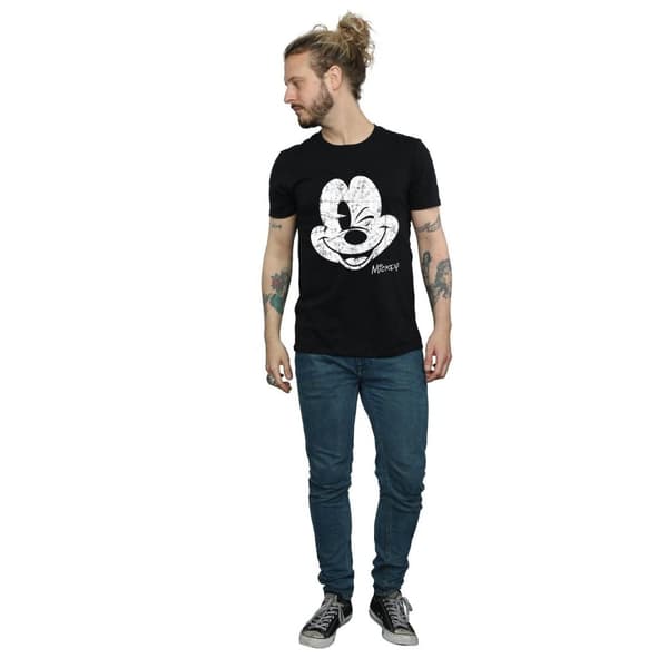 Disney Mens Mickey Mouse Distressed Face T-Shirt