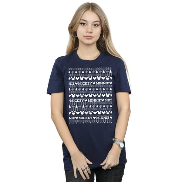 Disney Dam/Tjej Mickey And Minnie Christmas Fair Isle Bomull Boyfriend T-shirt