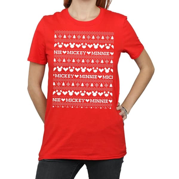 Disney Dam/Tjej Mickey And Minnie Christmas Fair Isle Bomull Boyfriend T-shirt