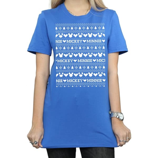 Disney Dam/Tjej Mickey And Minnie Christmas Fair Isle Bomull Boyfriend T-shirt