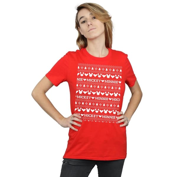 Disney Dam/Tjej Mickey And Minnie Christmas Fair Isle Bomull Boyfriend T-shirt