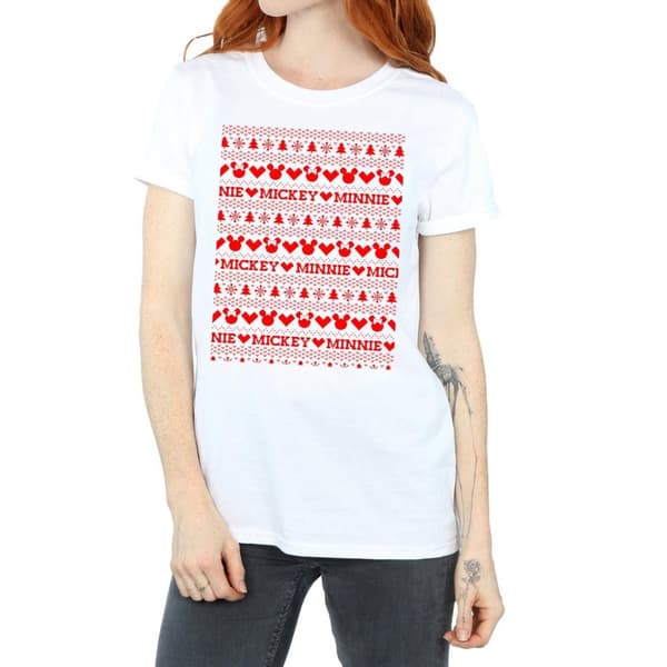 Disney Dam/Tjej Mickey And Minnie Christmas Fair Isle Bomull Boyfriend T-shirt