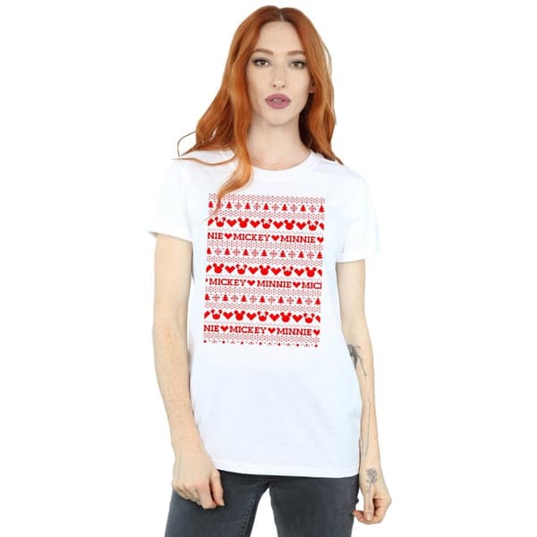 Disney Dam/Tjej Mickey And Minnie Christmas Fair Isle Bomull Boyfriend T-shirt