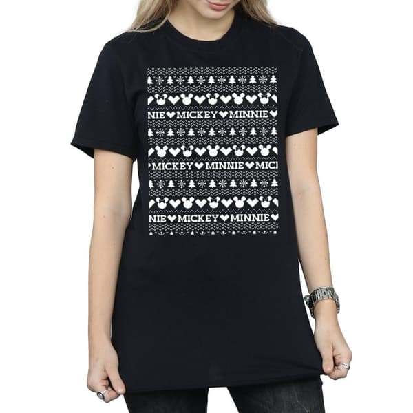 Disney Dam/Tjej Mickey And Minnie Christmas Fair Isle Bomull Boyfriend T-shirt