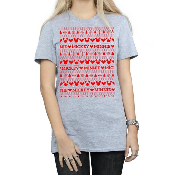 Disney Dam/Tjej Mickey And Minnie Christmas Fair Isle Bomull Boyfriend T-shirt
