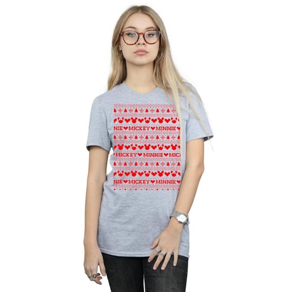 Disney Dam/Tjej Mickey And Minnie Christmas Fair Isle Bomull Boyfriend T-shirt