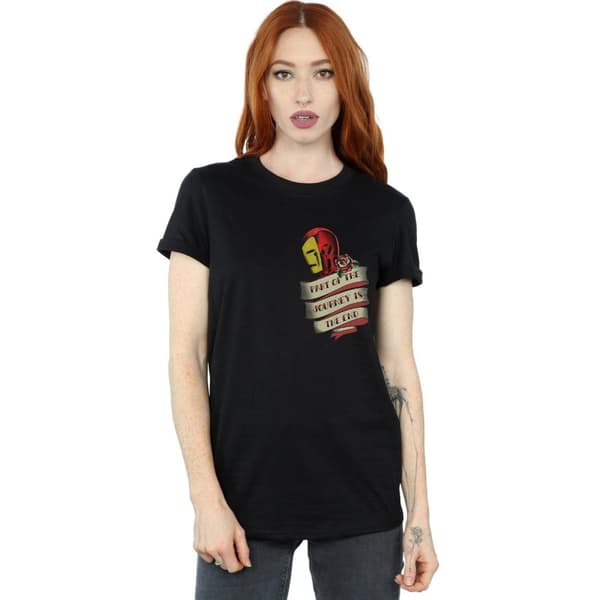 Marvel Dam/kvinnor Iron Man Tattoo Journey Brösttryck Bomull Boyfriend T-shirt