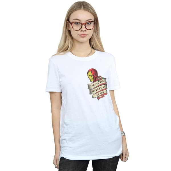 Marvel Dam/kvinnor Iron Man Tattoo Journey Brösttryck Bomull Boyfriend T-shirt