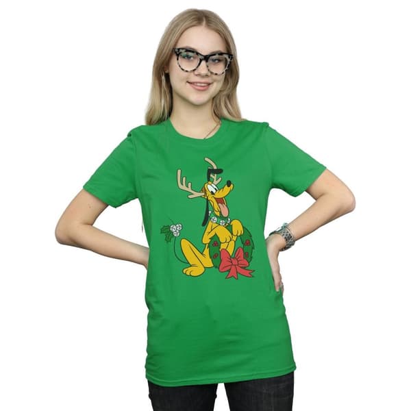 Disney Womens/Ladies Pluto Christmas Reindeer Cotton Boyfriend T-Shirt
