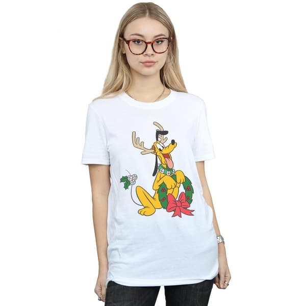 Disney Womens/Ladies Pluto Christmas Reindeer Cotton Boyfriend T-Shirt