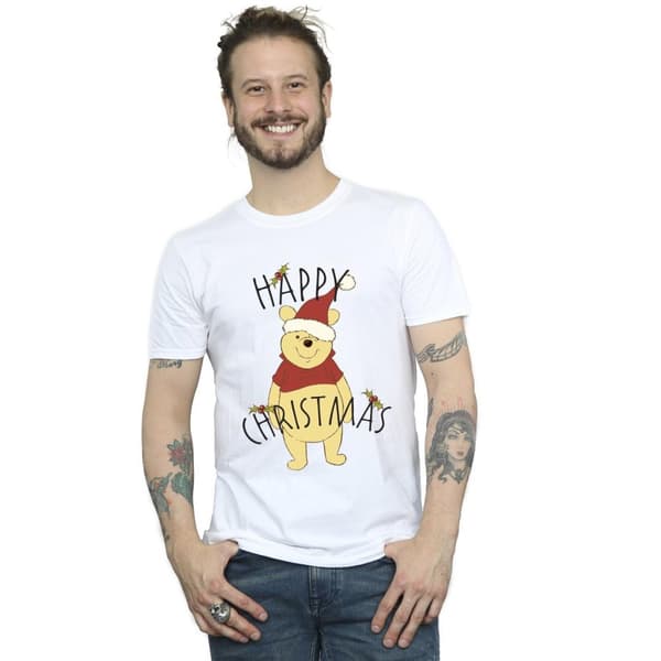 Disney Mens Winnie The Pooh Happy Christmas Holly T-Shirt