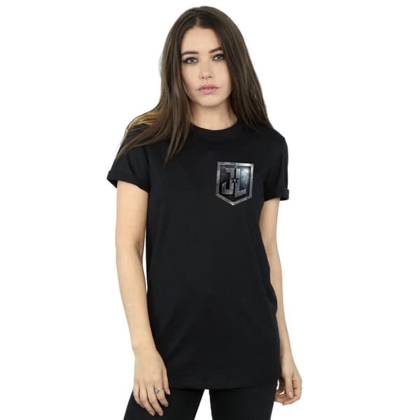 DC Comics Womens/Ladies Justice League Movie Shield Faux Pocket Cotton Boyfriend T-Shirt