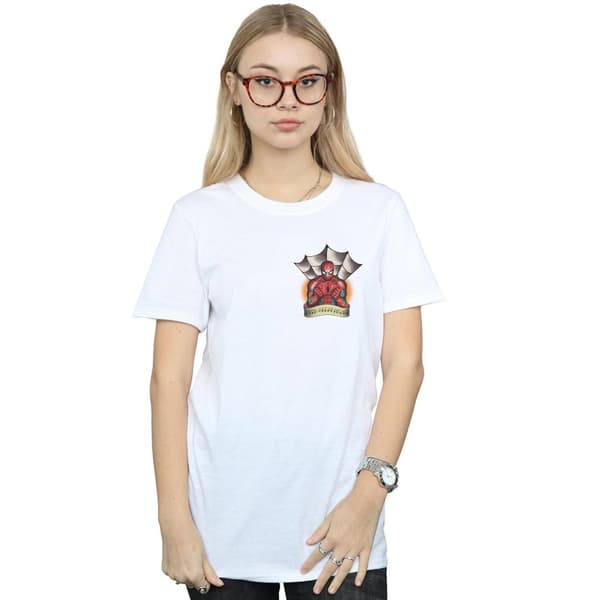 Marvel Womens/Ladies Spider-Man Tattoo Breast Print Cotton Boyfriend T-Shirt