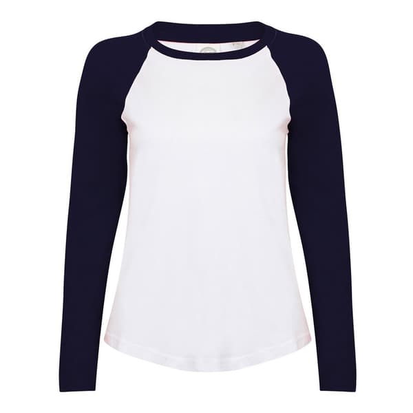 Skinni Fit Womens/Ladies Long-Sleeved Baseball T-Shirt White/Oxford Navy XL