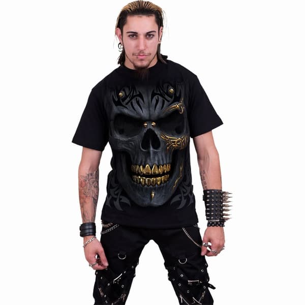Spiral Direct Unisex Adult Black Gold Skull T-Shirt