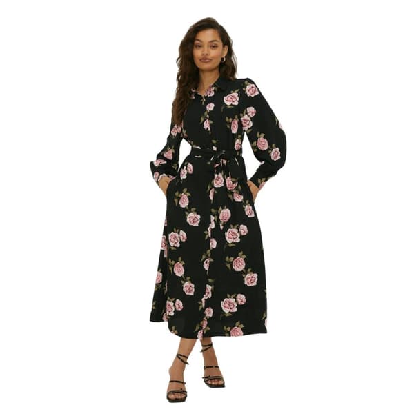 Dorothy Perkins Womens/Ladies Floral Waist Tie Petite Midi Shirt Dress Black 6 UK