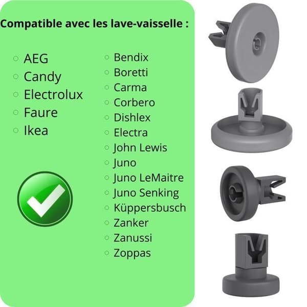 Universella diskmaskins hjul nedre och övre korg [Parti 16] Reservdelar kompatibla med AEG Candy Electrolux Ikea