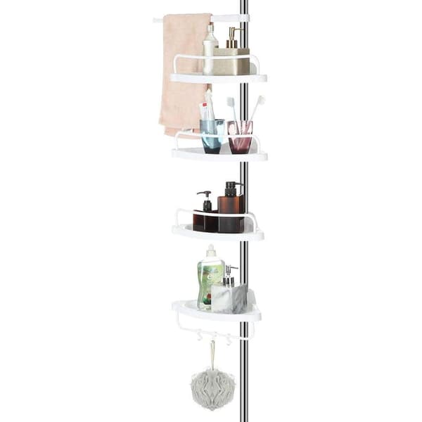 Rootz Duschställ - Duschhylla - Badrumshylla - Justerbar höjd - Hörn - 95-300 cm - Rostfritt stål - 4 nivåer - 3 krokar - Vit-Silver