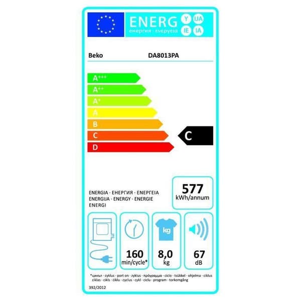 Torktumlare - BEKO - DA8013PA AQUAWAVE - Kapacitet 8 Kg - Avgas C - Sensortorkning