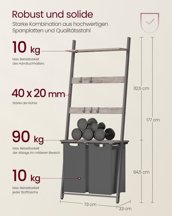 Rootz tvättsorterare med handduksställ - Greige fläckig skiffergrå - Förvaringsorganisatör - Stålram - Oxford tygpåsar - 73 cm x 33 cm x 177 cm - Heav