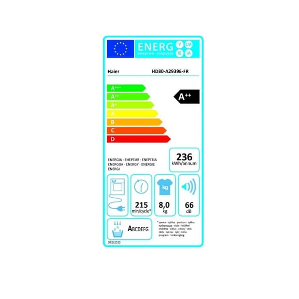 Torktumlare - HAIER - HD80-A2939E-FR - Värmepump - 8 kg - Klass A++ - 66 dB