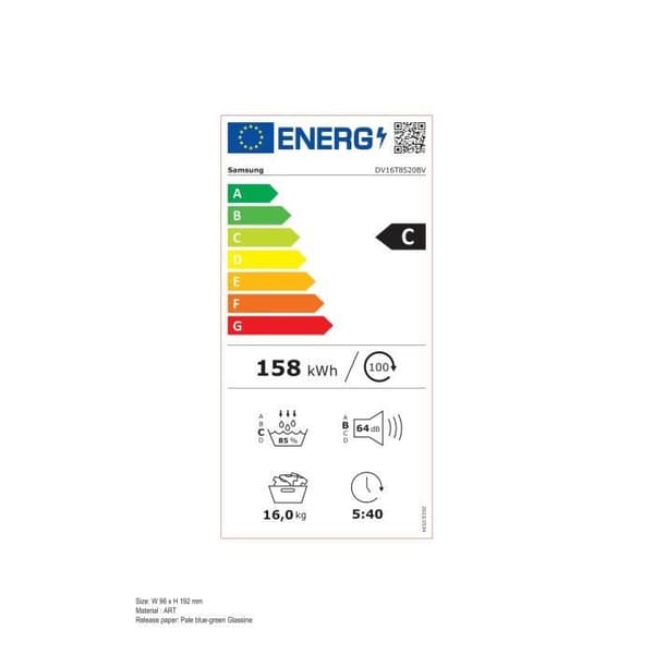 Säkerhetstorktumlare SAMSUNG DV16T8520BV - 16 kg - Digital Inverter - L84,4cm - Klass A++ Optimal Dry - Svart