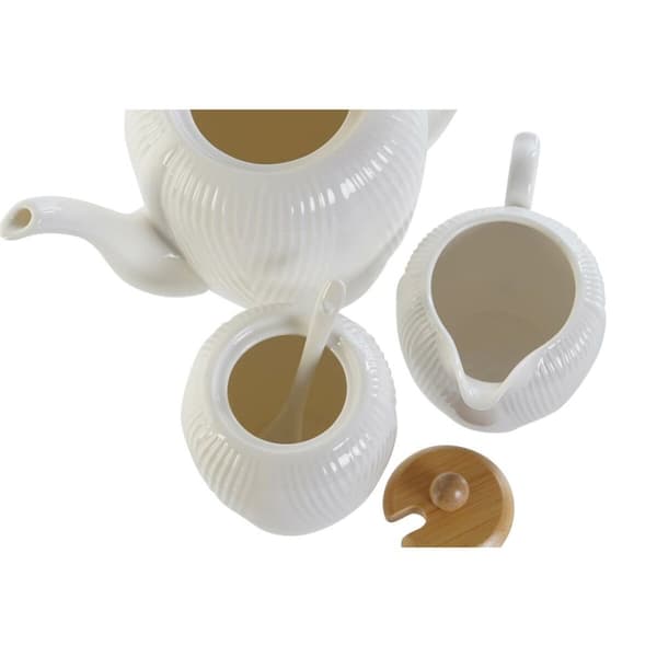 Tekanne DKD Home Decor Hvit Naturell Bambus Porselen