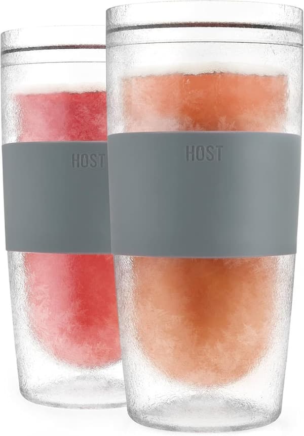 HOST Tumbler Freeze Double Walled Insulated Freezable Drink Chilling Tumbler/Travel Drinkware, Comfort Silicone Grip, 16 oz (473ml), Set of 2, Grey