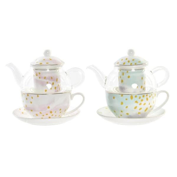 Tekande DKD Home Decor Krystal Porcelæn Pink Gennemsigtig Hvid Grøn (2 enheder)