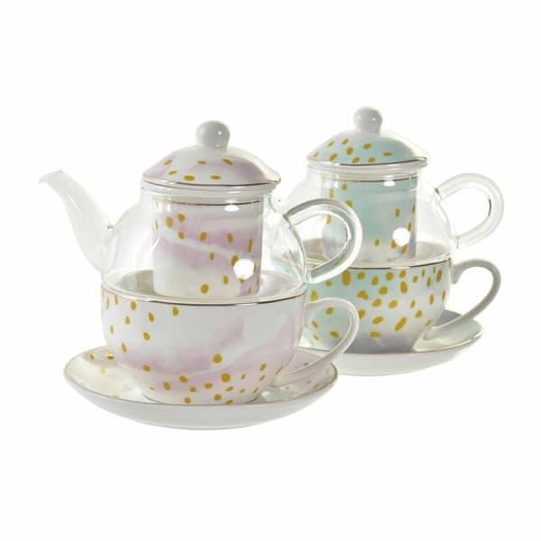 Tekande DKD Home Decor Krystal Porcelæn Pink Gennemsigtig Hvid Grøn (2 enheder)