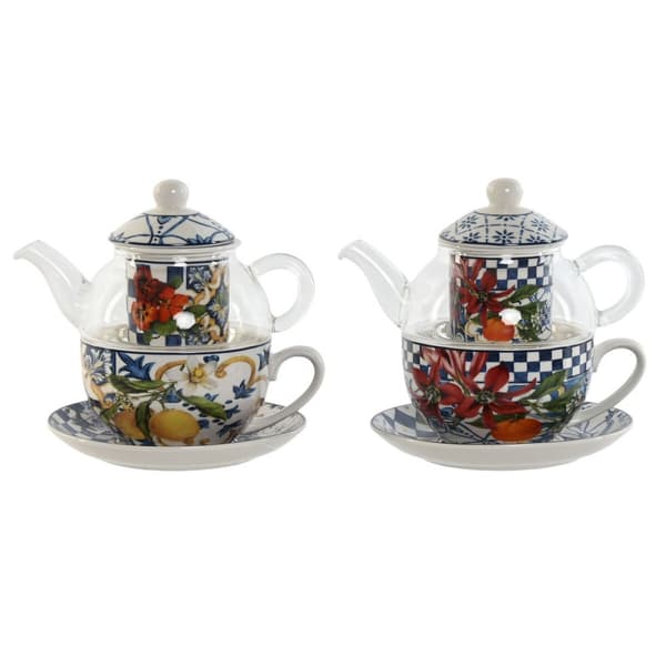 Tekande Home ESPRIT Blå Hvid Krystal Porcelæn (2 enheder)
