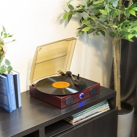Fenton RP105 retro skivspelare med inbyggda högtalare och dammskydd - trä