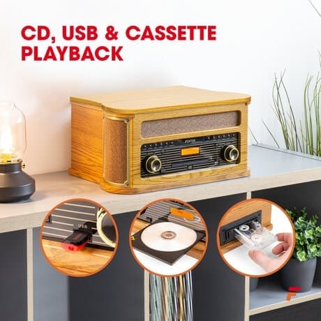 Fenton Memphis skivspelare - Bluetooth, DAB & FM, CD, kassett och mp3-spelare - Brun