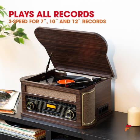 Fenton Memphis skivspelare - Bluetooth, DAB & FM, CD, kassett och mp3-spelare - MörkBrun
