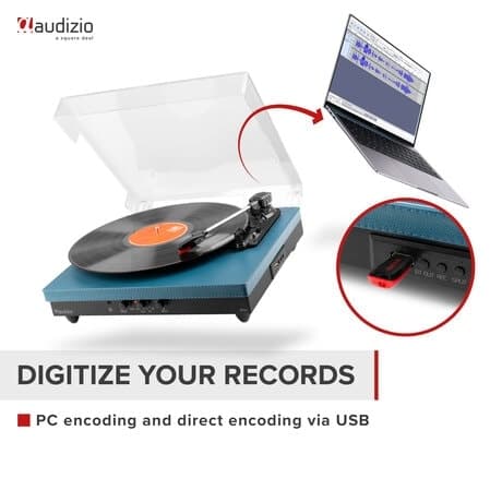 Audizio RP113D - Skivspelare i full storlek med Bluetooth in/ut - USB - Inbyggda högtalare - Blå