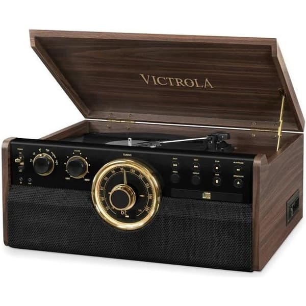 VICTROLA EMPIRE Vinyl skivspelare - 6 i 1 - Espresso - Radio, Kassett, CD, Bluetooth - Svart