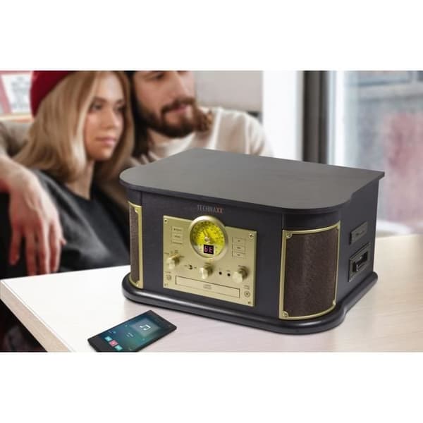TECHNAXX TX-103 Retro Allt-i-ett Vinyl skivspelare - Digitaliseringsfunktion - Phono, Kassett, CD, USB, Bluetooth, SD, AUX–IN, FM-radio -