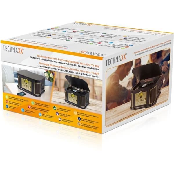 TECHNAXX TX-103 Retro Allt-i-ett Vinyl skivspelare - Digitaliseringsfunktion - Phono, Kassett, CD, USB, Bluetooth, SD, AUX–IN, FM-radio -