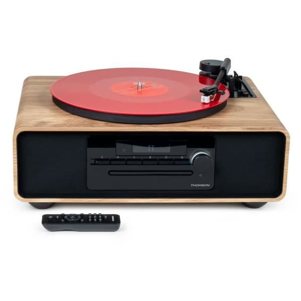 Bluetooth mikrosystem med skivspelare - THOMSON - Svart/Trä - FM/CD/MP3/USB-radio, 60W, Skivspelare, Equalizer, Strömförsörjning. 230V