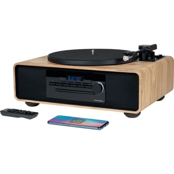 Bluetooth mikrosystem med skivspelare - THOMSON - Svart/Trä - FM/CD/MP3/USB-radio, 60W, Skivspelare, Equalizer, Strömförsörjning. 230V